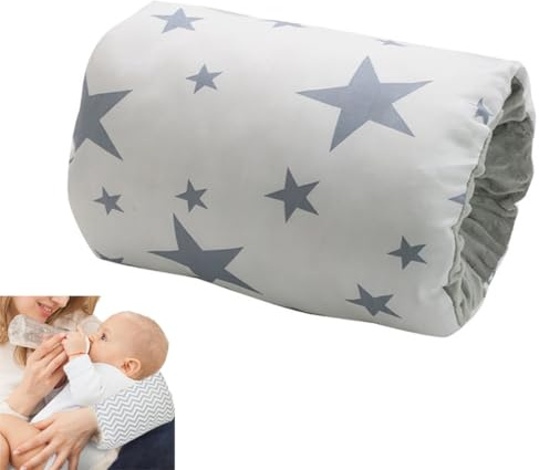 Hidetex amningskudde i bomull för amning och flaskmatning – hudvänlig, tvättbar miniarmkudde med ergonomiskt stöd och bärbar design för mamma (grå stjärnor med vit bakgrund)