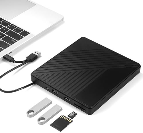 Reagle Grabadora externa de CD/DVD USB 3.2 USB-C – Unidad portátil con lector de tarjetas SD/microSD, 2 puertos USB-A, Plug & Play para Windows, Mac OS, Linux – Transferencia de datos rápida 5 Gb/s