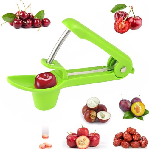 LSRVNM Cherry Stone Remover, Snocciolatore per Olive, Snocciolatore Ciliegie e Olive con Asta di Acciaio Inox e Tazza di Supporto in Silicone Morbido, per Preparare Marmellata di Ciliegie (Verde)
