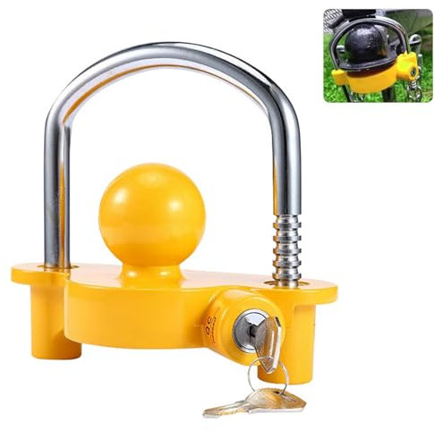 EHIOG Serrure de remorque pour attelages de remorque Standard, Verrouillage de Remorque Antivol Sécurité, avec Cache Boule Attelage et 2 clés, Jaune
