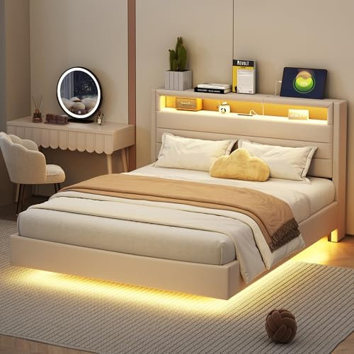 FEZTOY Polsterbett 140x200 cm mit USB-Aufladen und LED-Beleuchtung, Stauraum Kopfteil, Doppelbett Bettgestell mit Lattenrost, Jugendbett, Funktionsbetten, Leinenstoff, Beige, ohne Matratze