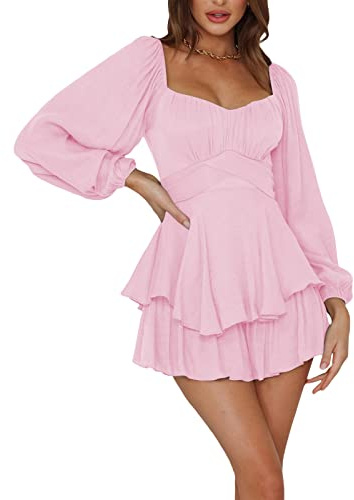 Nicoxijia Women's Jumpsuit Lantern Long/Short Sleeve Ruffle Layer Tie Mini Short Romper Boho Off Shoulder Back Tie Romper (Pink, M)