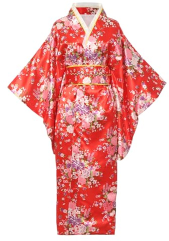 Kimono traditionnel japonais pour femmes Geisha Yukata Robe Peignoir en satin à motif de fleurs Vêtement de nuit