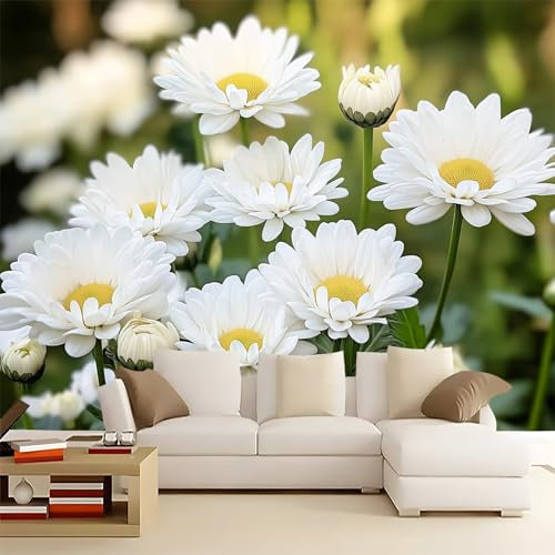 Papel tapiz fotográfico Flores Margarita Mural papel tapiz no tejido 300 x 210 cm Papel tapiz para sala de estar dormitorio decoración Verde póster gigante Mural papel tapiz