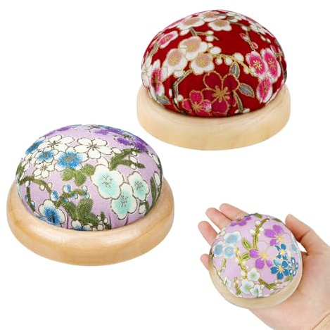 ZPLASK 2 Pcs Pin Cushion, Wrist Pin Cushion Uk, Wrist with Wooden Base, Japanese Floral Round Cushions for Sewing, Holder for Needles Pins, Quilting DIY Craft Needlework Art Projects