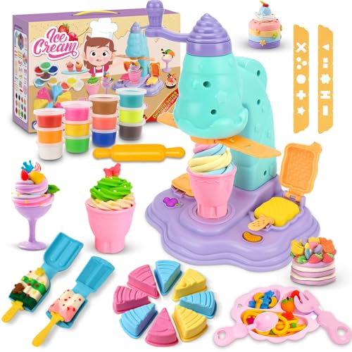 Knete Set für Kinder - Knete Eismaschine, Knete Spielküche Zubehör ab 3 4 5 6 Jahre, Kinderknete Kitchen Creations Eismaschine mit 12 Knetmasse, Knetwerkzeug Kinder Spielzeug Geschenk Mädchen Junge