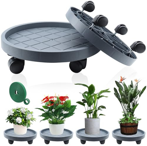 K KASONIC Base Móvil para Macetas 30cm con 4 Ruedas, Capacidad 75kg, Pack de 2 Bandejas Redondas para Mover Macetas de Interior y Exterior, Incluye 5m Cintas para Plantas Desgarrables