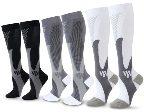 SRunDe 3 Pares Medias Compresion Running 3XL 15-25mmHg Mujer Hombre Calcetines Compresión Hasta Rodilla para Recuperación de Soporte Diario Deporte Running Avion Viaje Ciclismo Senderismo