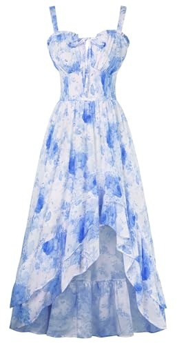 SCARLET DARKNESS Vestido victoriano de flores con tirantes delgados, vestido de verano alto y bajo con volantes