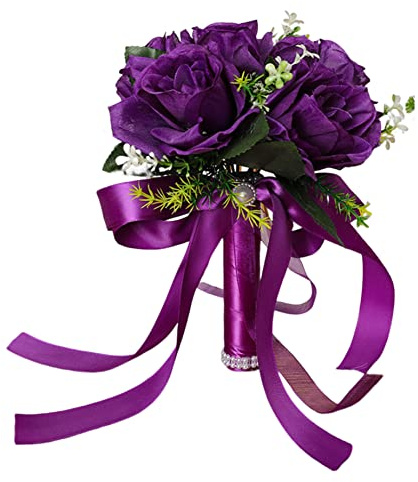 AwnsIMfreien Bouquet da Sposa Bouquet da Sposa a Mano da con Fiore di Rosa Artificiale di Fiori di Seta con Nastro per Forniture Nuziali Viola