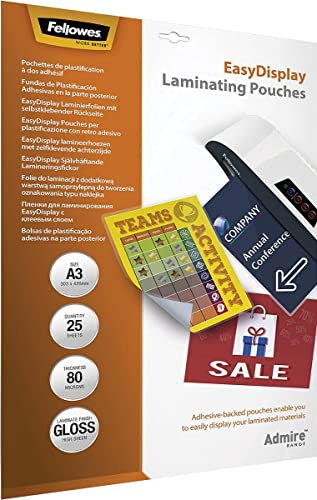 Fellowes Laminierfolien A3 EasyDisplay mit selbstklebender Rückseite, 80 Mikron (2 x 80 mic), 25 Stück