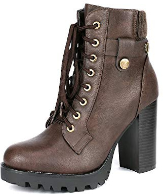 DREAM PAIRS Bottes pour Femmes Bottines à Talons Hauts Chaussures à Plateforme avec Lacets et Fermeture Eclair SCANDL,Size 41.5,Brun,SCANDL