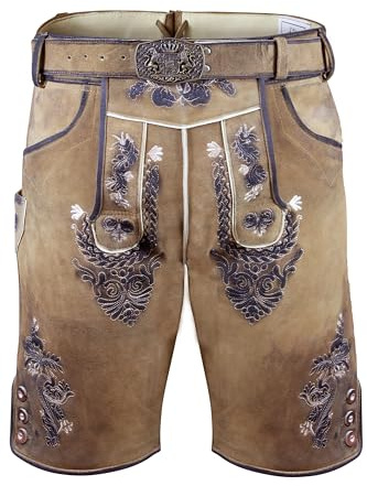 Edelnice Trachtenmode Bayerische Toni - Pantaloni Corti in Pelle di Capra con Cintura, Taglia 46-60 avellano 58