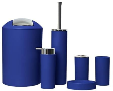 6tlg Badset Badezimmer Zubehör Set Organizer: Seifenspender, Zahnputzbecher, Kosmetikeimer, WC Bürste und Halter, Seifenschale, Mülleimer, Zahnbürstenhalter, Badgarnitur (Dunkelblau Design 2a)