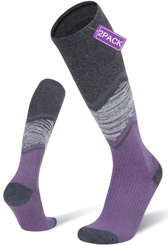 FITRELL 2 Pack Men's and Women's Ski Socks with Full Cushion Merino Wool Winter Thermal Knee High Warm Socks for Skiing Snowboarding, Purple, Medium