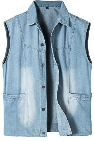 Herothorn Homme Gilet en Denim Veste Courte sans Manches en Jean Vintage Sans Manches Veste à la Mode Classique Décontractée Jean
