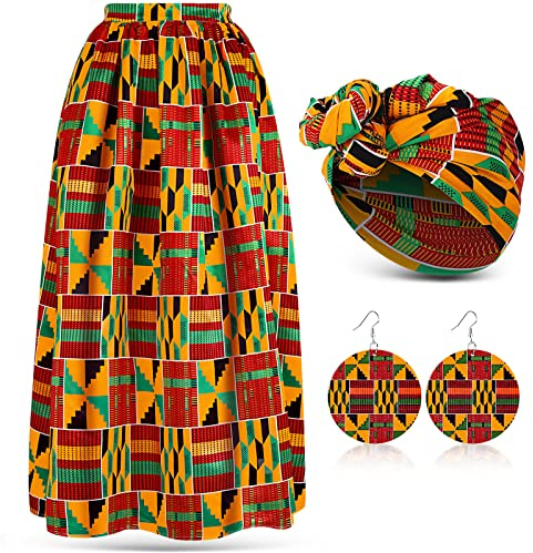 Haysandy 3 Pcs Women African Printed Maxi Skirt with Pockets Set Casual Stretch Head Wrap Scarf Drop Dangle Earrings, Classic Style, XXL