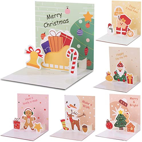 Jrisbo 6 Pezzi 3D Cartoline di Natale con Buste, Biglietti Auguri Natale 3D Pop-Up Christmas Cards Colorato Set di Cartoline Natale Xmas Regalo di Natale per Bambini Amici Famiglia