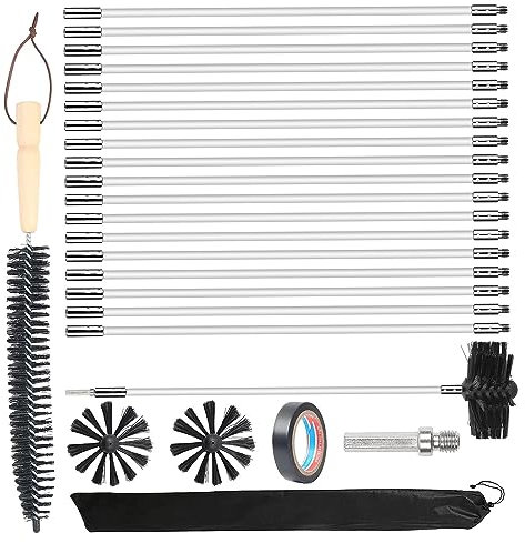 Ofenrohrbürste Ofenbürste Kaminbürste, 24 Stk Kaminbürste Stange Set mit 18 Flexible Stangen 410 mm+2 Bürstenköpfen+1 Lange Holzbürste+Zubehör, Kaminbürsten-Kit Kaminreinigungsstab Reinigungsbürste