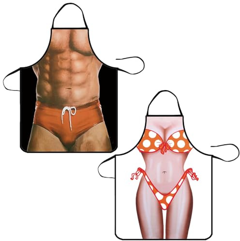 Sexy Kitchen Apron Muscle Man & Bikini Woman for Cooking BBQ Baking, 2 Pcs | Funny Novelty, Adjustable, Kitchen Cooking Apron, Funny Gifts