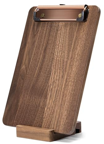 Walnut Wood Clipboard, 9 x 6.3 Small Menu Clip Board with Metal Clip and Stable Base, Solid Hardwood, Smooth Edges, Free Stand Holder for Bar, Restaurant, Coffee Shops, Countertops