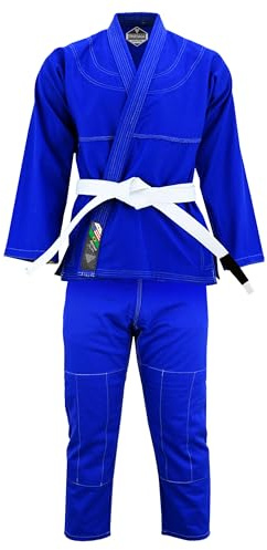 TRUESAGA - Regular Plain Jiu Jitsu Kimono Gi Uniform Deluxe BJJ Fabric - White Belt Included Kids & Adults Unisex (Blue, K-0)