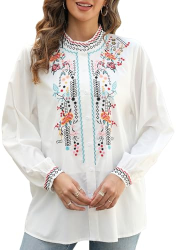 Grosy Long Sleeve Traditional Mexican Peasant Blouses for Women Embroidered Boho Tops Button Down Shirts Casual, Fiesta White