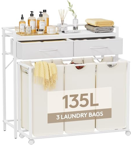 Lifewit 135L Wäschekorb 3 Fächer, Grobe Rolling Wäschesammler mit Regal & 2 Schubladen,WäSchekorb Veranstalter Mit RäDern und Abnehmbare Tasche für WaschküChe Bad, Weiße & Beige