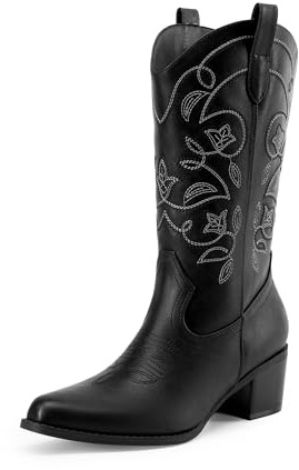 DREAM PAIRS Stivali da cowboy da donna, stivali da cowgirl con punta quadrata ricamati, stivali da cowgirl alla moda da donna con tacco grosso a metà polpaccio, Poliuretano nero., 43 EU