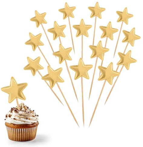 Piriuuo 50 pezzi Star Cupcake Toppers, decorazione muffin in pelle riflettente, decorazione per torta dorata, stella glitterata, decorazione per torte, fidanzamento, matrimonio, mini decorazioni per
