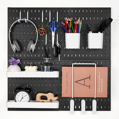 VEVOR Panneau Perforé Mural 280x280 mm Organiseur Garage en Plastique avec 4 Panneaux Perforés, Accessoires, Kit Rangement d'Outils pour Bureau, Salle d'Artisanat, Maison, Entrepôt, Magasin, Noir