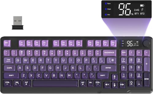 FREEWOLF M96 Wireless Gaming Keyboard Creamy Membrane with Rainbow Backlight,Media Knob,LCD Screen,Dual Mode-Bluetooth/2.4Ghz,Ball Shape PBT Keycap 94 Key ANSI Layout for Win Mac PC Gamer(Purple)