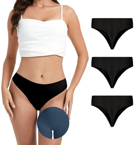 OVRUNS Lot de 3 strings invisibles sans couture pour femme, taille haute, doublures, string d'entraînement, noir, taille L