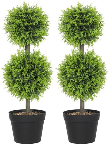 HOMCOM Set of 2 Decorative Artificial Plants, 60cm Faux Topiary Cypress Ball Trees with Plastic Pot and Pebbles, Fake Plants for Home Office Decor, Green