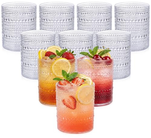 YOUBET 24PCS Plastic Hobnail Drinking Glasses - 14 Oz Clear Vintage Glasses Drinkware - Disposable Beaded Cups for Juice, Wine, Party
