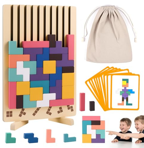 Kiapeak Wooden Stacking Puzzle Toy, 3D Russian Block Puzzle Jigsaw,Montessori Educational Board Game Gift for Boys and Girls, Stacking Blocks Toys for Family Brain Teaser Activity
