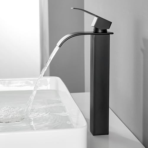CECIPA Grifo de baño negro alto, grifo de lavabo cascada, grifo de baño de acero inoxidable, grifos de lavabo con agua caliente y fría, grifo mezclador monomando, altura de salida de agua 245 mm