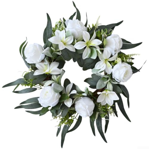 TDCuizent Konstgjord och liljekrans handgjord sidenblomma girlang för bröllop påsk heminredning elegant blommig vägg hängande lätt vårdekoration 60 x 60 cm (vit)