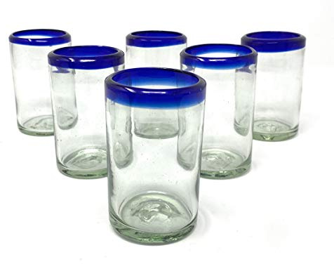 Hand Blown Mexican Drinking Glasses - Set of 6 Juice Glasses with Cobalt Blue Rims (8 oz each)