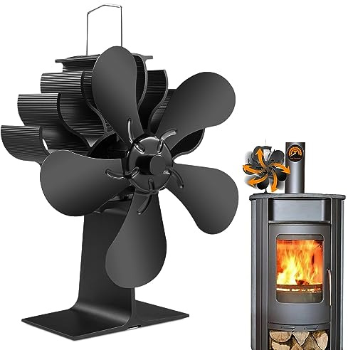 PYBBO Heat Powered Fireplace Fans, Non Electric Heat Activated Thermal Fan 5 Blades Wood Stove Fan for Wood Burning/Pellet Stove/Log Burner with Magnetic Thermometer