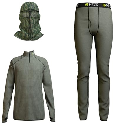 HECS Hunting Base Layer 3-Piece Hunting Suit | Quarter Zip Shirt, Pants & Head Cover with Bioelectric Shielding | Patented Technology | Hunting Clothes for Men - Large - Olive