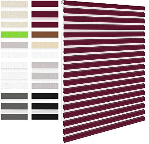 ECD Germany Doppelrollo Klemmfix ohne Bohren 70 x 230 cm Bordeaux, lichtdurchlässig und verdunkelnd, Duo Rollo für Fenster & Türen, Fensterrollo Seitenzugrollo Klemmrollo Sonnenschutzrollo Zebrarollo