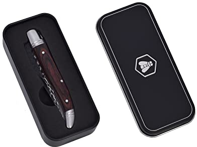 LAGUIOLE - Blade Pattern Taschenmesser - Edelstahlklinge schwarz silberfarbig Holzgriff Jagdmesser Klappmesser Camping Outdoor Messer mit Geschenkbox Metallbox