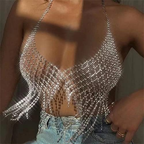 Catena del Corpo Catena Toracica Catena Reggiseno con Frange di Strass Scintillanti Cristallo Bikini Biancheria Intima Abbigliamento da Discoteca Sexy da Donna (Argento)