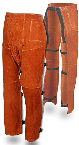 QeeLink Pantalon de soudeur - Protection des jambes de sécurité en croûte de cuir résistant à la chaleur et aux flammes pour hommes et femmes, réglable de M à XXXL, marron, Long 41-Inch