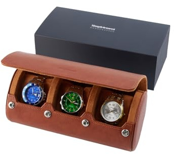 Simplelement Watch Travel Case for men,PU Leather Watch Roll for 3 Watches, Innovative Removable Pillows,Gift-box packaging for Travel,Birthday,Christmas,Brown