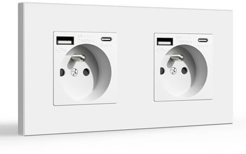 BSEED Double Prise Murale avec USB et 1 Type C,Prise de Courant Alternatif avec Panneau en Plastique,Multiprise Murale(Max 2.1A),Convient au Smartphone,à la Tablette (2 Prise avec USB et Type C,Blanc)