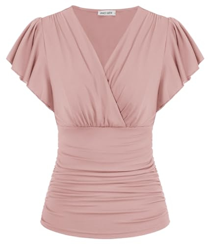 GRACE KARIN Ladies Tops Short Sleeve Wrap V-Neck Ruched Party Blouse Summer Casual Elegant Shirt Pink S Size 8-10