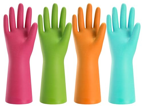 Bamllum Rubber Cleaning Gloves for Kitchen - 4 Pairs Reusable Dishwashing Gloves for Household, Flexible Long-lasting & Waterproof (Medium, Blue+Green+Red+Orange)