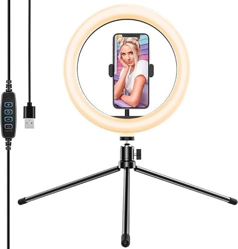 Ring Light, Luce per Selfie,10 Pollici,26 cm, Luce ad Anello,Con sostegno Da Tavolo,LED, 3 Modalità Di Illuminazione, 10 luminosità,USB, Con Telecomando Foto Bluetooth (Small)